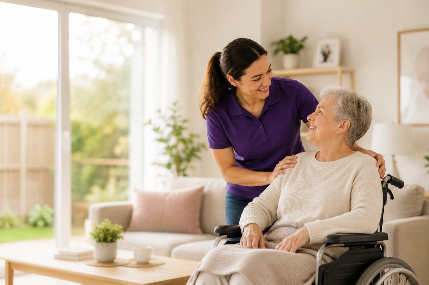 Accessable Care support worker helping a participant at home with assistive technology
