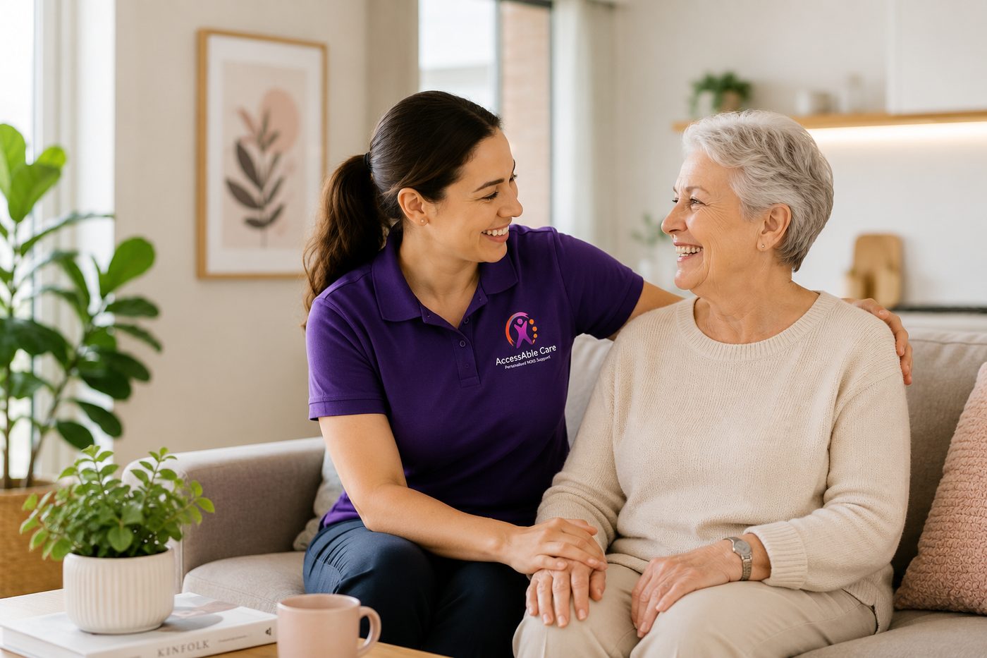 Accessable Care support worker sitting with a participant in her wheelchair at home